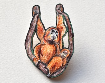 Orangutan Pin Badge, Mother and Baby Child, Illustrated Wooden Jewellery, Eco Friendly Wearable Art