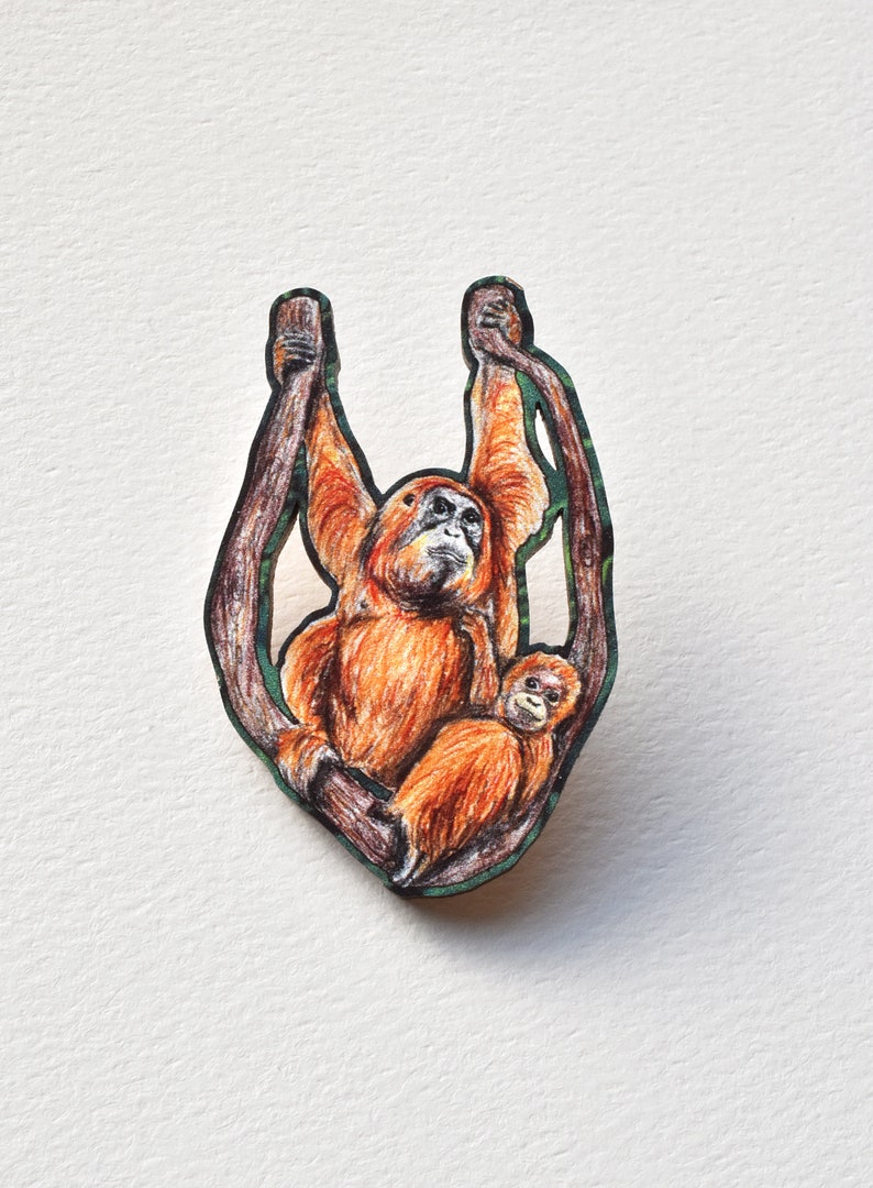 Orangutan Pin Badge, Mother and Baby Child, Illustrated Wooden Jewellery, Eco Friendly Wearable Art image 1