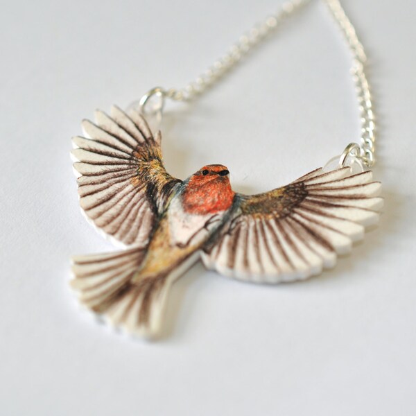 Flying Robin Bird Necklace - Hand Drawn Shrink Plastic Jewellery