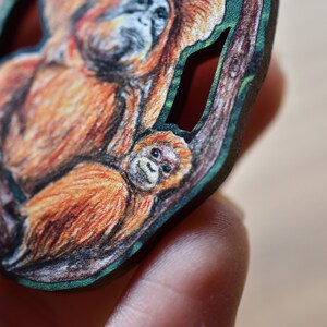 Orangutan Pin Badge, Mother and Baby Child, Illustrated Wooden Jewellery, Eco Friendly Wearable Art image 5