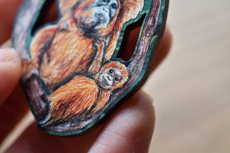 Orangutan Pin Badge, Mother and Baby Child, Illustrated Wooden Jewellery, Eco Friendly Wearable Art image 5