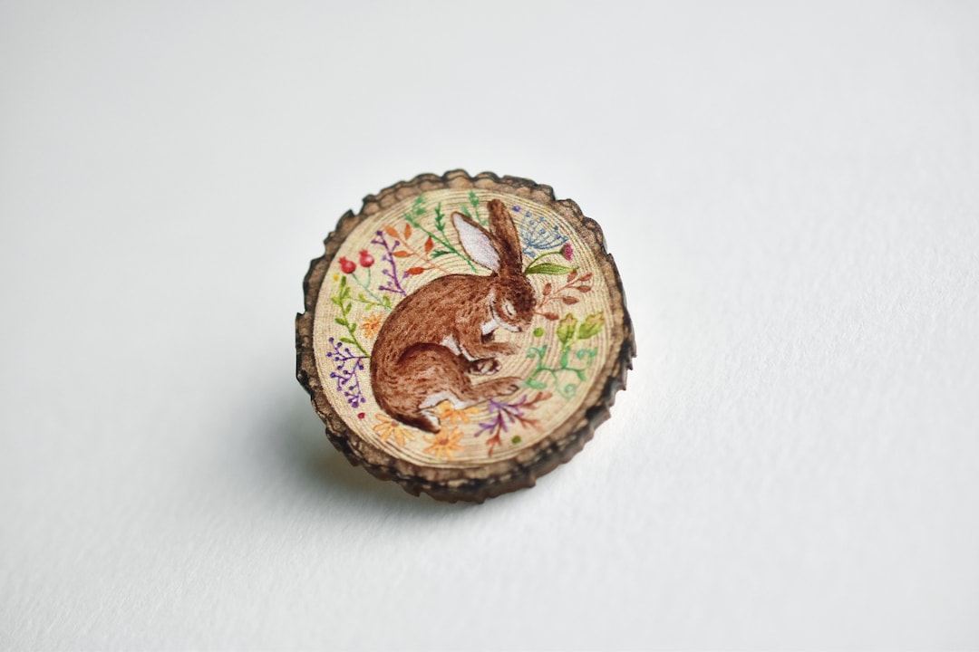 Sleeping Rabbit/hare Log Slice Pin Badge- Wooden Illustrated Jewellery ...