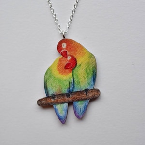 Love is Lovebirds necklace, illustrated wooden jewellery, bird necklace