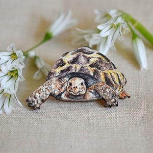 Wooden tortoise brooch, illustrated wooden jewellery, animal pin badge. image 4