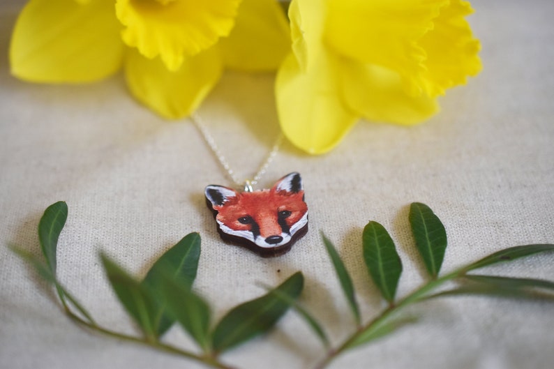 Fox face earrings wooden illustrated jewellery. image 3