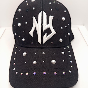 Black NY Baseball Cap with Pearls and Rhinestones – Bling Hat – Gothic Streetwear – Embroidered Adjustable Cap – Gift for Her or Him