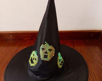 Halloween Witch Hat with Pumpkin Rhinestone Design – Black Costume Hat for Women, Men, Kids