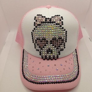Sparkly Rhinestone Skull Trucker Hat – Pink & White Bling Mesh Cap, Adjustable Cute Baseball Hat