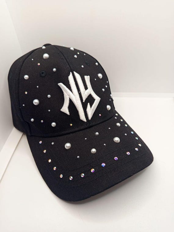 Black NY Baseball Cap: Rhinestone & Pearl Bling, Gothic  display picture 1