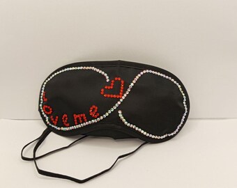 Comfortable Handmade Black rhinestone sleeping eye mask "Love Me"