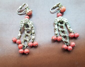 Gold and coral clip on earrings/vintage gold and coral earrings