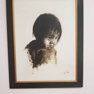 Vintage painting,  black and white, crying girl.