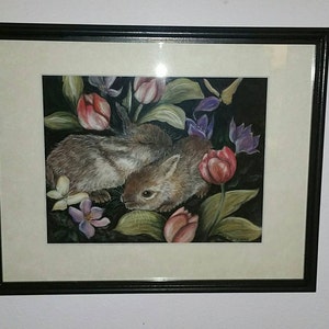 Year of the rabbit/Vintage framed pastel bunny, rabbit floral image 1