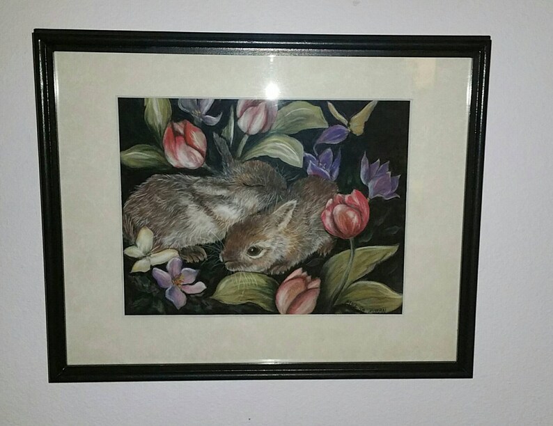 Year of the rabbit/Vintage framed pastel bunny, rabbit floral image 1