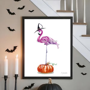 Halloween Flamingo Witch Watercolor Art Print, Tropical Bird in Hat on Pumpkin, Unframed