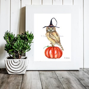 Halloween Witch Owl Watercolor Art Print, Bird on Pumpkin, Owl in Witch Hat, Kid Friendly Art, Unframed 11 x 14 inches