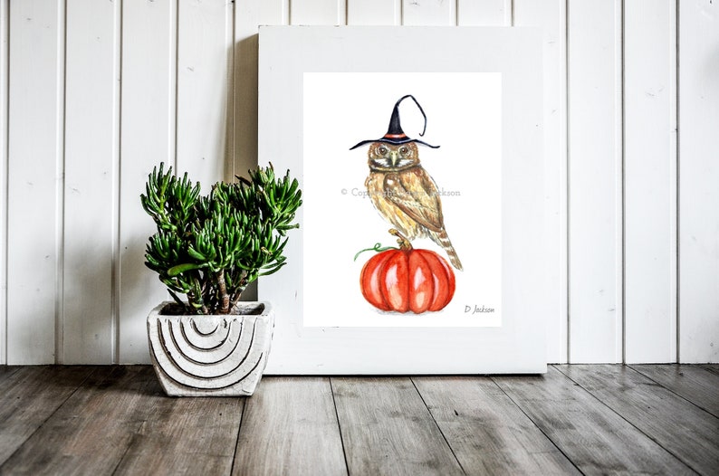 Halloween Witch Owl Watercolor Art Print, Bird on Pumpkin, Owl in Witch Hat, Kid Friendly Art, Unframed 11 x 14 inches