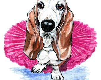 Whimsical Bassett Hound Watercolor Art Print, Quirky Dog Art, Pet Mom Gift