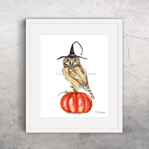 Halloween Witch Owl Watercolor Art Print, Bird on Pumpkin, Owl in Witch Hat, Kid Friendly Art, Unframed image 6