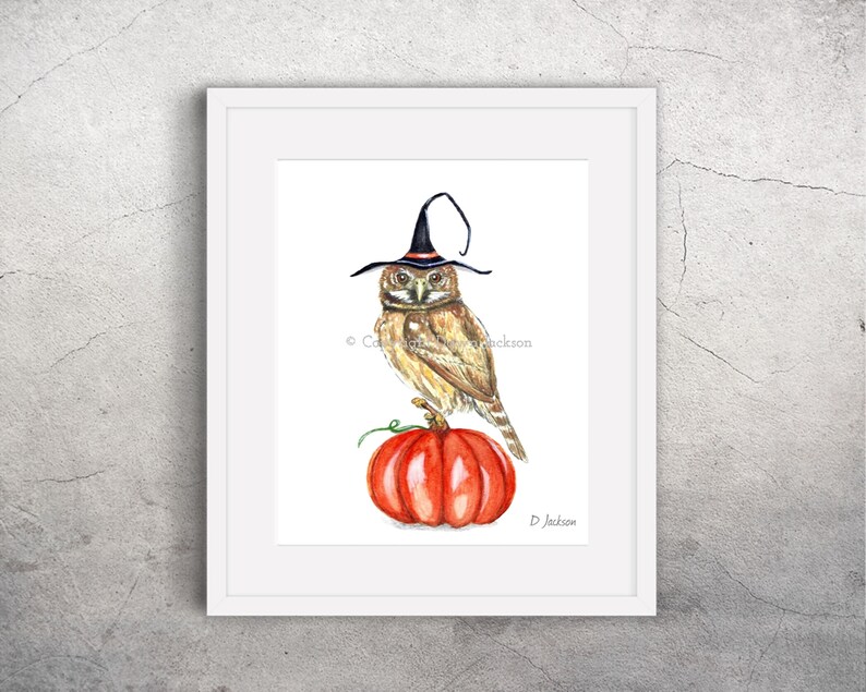 Halloween Witch Owl Watercolor Art Print, Bird on Pumpkin, Owl in Witch Hat, Kid Friendly Art, Unframed image 6