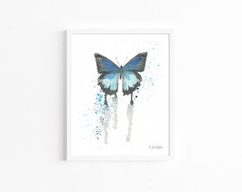 Blue Butterfly Watercolor Art Print, Modern Abstract Nature Wall Decor, Gift for Her, Unframed