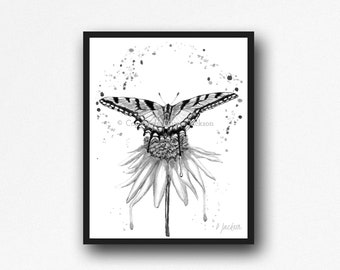 Black and White Swallowtail Butterfly on Flower Watercolor Art Print, Monochromatic Nature Wall Decor, Unframed