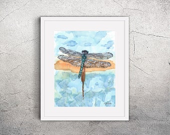 Blue Dragonfly Watercolor Art Print, Modern Insect Art, Abstract Nature Decor, Gift for Her, Unframed