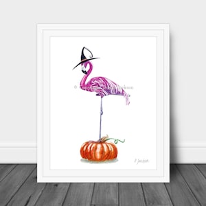 Halloween Flamingo Witch Watercolor Art Print, Tropical Halloween Decor, Bird in Hat, Kid Friendly Art, Unframed