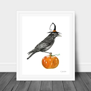 Halloween Witch Crow Watercolor Art Print, Crow in Witch Hat, Bird on Pumpkin, Whimsical Fall Art, Office Decor, Kid Friendly Art, Unframed