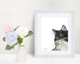 Tuxedo Cat Watercolor Art Print, Black and White Cat Art, Modern Home Pet Portrait Art, Unframed