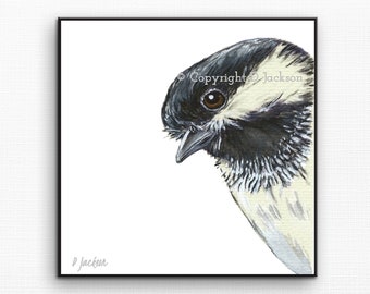 Chickadee Watercolor Art Print, Square Black and White Bird, Modern Farmhouse, Cottage Decor, State Bird Art, Unframed