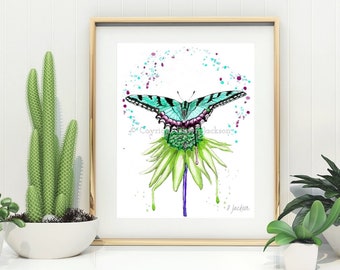 Teal Butterfly Watercolor Art Print from Hand Painted Original, Modern Nature Boho Home Decor, Gift for Her, Unframed