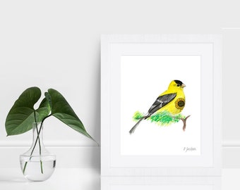 Goldfinch Watercolor Art Print, Whimsical Yellow Backyard Bird Art, State Bird Decor, Nature Gift for Her, Unframed