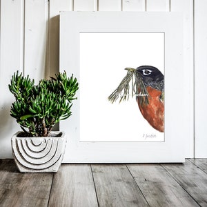 Robin Watercolor Art Print, Modern Bird, Minimalist Nature Lover Gift, Gift for Her, Unframed image 1