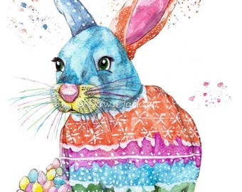 Whimsical Easter Bunny Watercolor Art Print, Easter Egg Art, Quirky Holiday Decor, Unframed