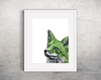 Green Fox Watercolor Art Print, Woodland Forest Animal Wall Decor, Colorful Art Teens Room, Unframed