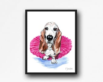 Basset Hound in Tutu Watercolor Art Print, Whimsical Pet Home Decor, Gift for Her, Unframed, 11 x 14