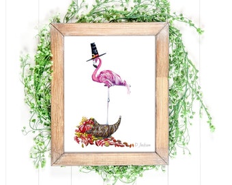 Thanksgiving Flamingo Pilgrim Watercolor Art Print, Tropical Thanksgiving Decor, Bird on Cornucopia, Autumn, Fall Art, Bird in Hat, Unframed