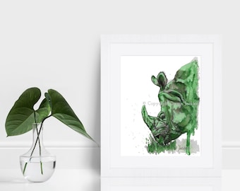 Green Rhino Watercolor Art Print, Monochromatic One Horned Indian Rhino Print, Wildlife Decor, Unframed