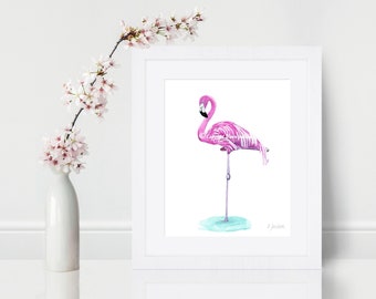 Pink Flamingo Watercolor Art Print, Wading Bird Art, Nature Decor, Tropical Bird Home Decor, Spirit Animal Art, Gift for Her, Unframed