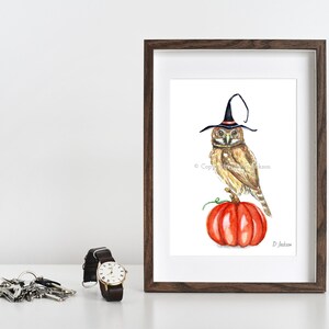 Halloween Witch Owl Watercolor Art Print, Bird on Pumpkin, Owl in Witch Hat, Kid Friendly Art, Unframed image 5