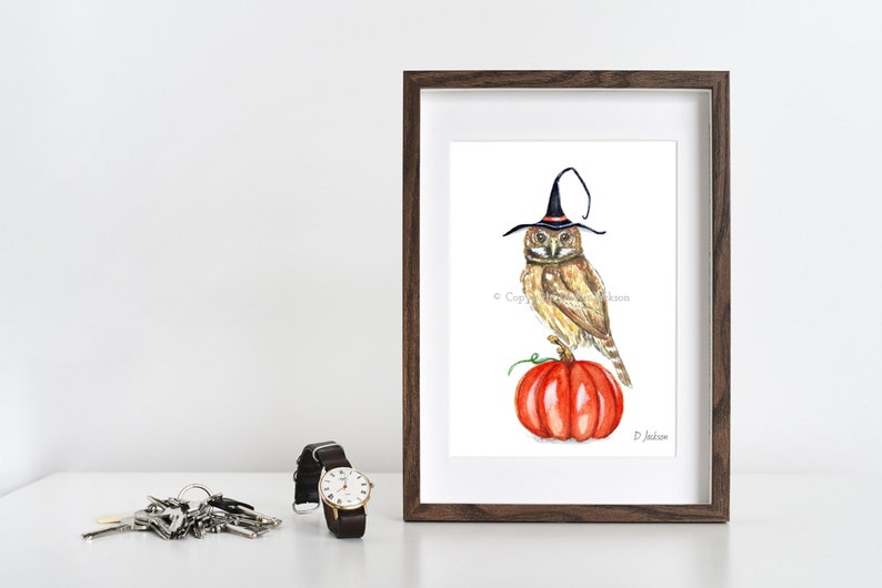 Halloween Witch Owl Watercolor Art Print, Bird on Pumpkin, Owl in Witch Hat, Kid Friendly Art, Unframed image 5