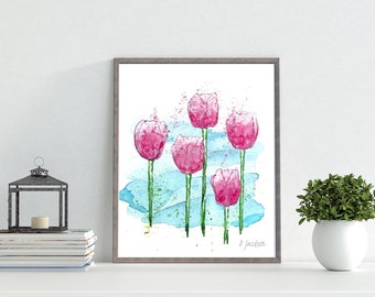 Pink Tulips Watercolor Art Print, Modern Floral Decor, Abstract Spring Flowers Art,  Gift for Her, Unframed