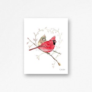 Cardinal Couple Wrapped Canvas Watercolor Art Print, Red Bird, State Bird Decor, Memorial Art, Couple Gift,  Anniversary Gift, Unframed