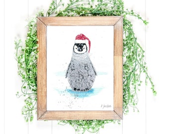 Christmas Baby Penguin Watercolor Art Print, Bird in Santa Hat Art, Holiday Home Decor, Gift for Her