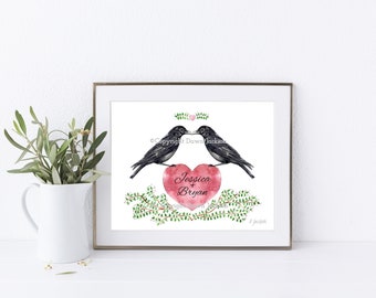 Personalized Crow Couple Watercolor Art Print from Hand Painted Original, Couple Gift, Unframed