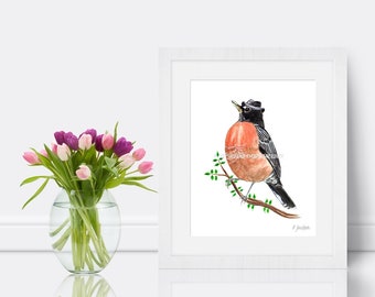 Robin Watercolor Art Print, Whimsical Bird in Fedora Hat, Quirky Nature Art, New Mom Gift, Gift for Dad, Unframed