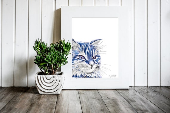 Blue Tabby Cat Watercolor Art Print, Modern Pet Home Decor, Unframed