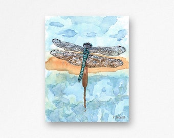 Blue Dragonfly Wrapped Canvas Watercolor Art Print, Modern Wall Decor, Gift for Her, Unframed