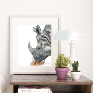 Rhino Watercolor Art Print, Modern Wildlife Art, One Horned Indian Rhino, Gift for Him, Unframed